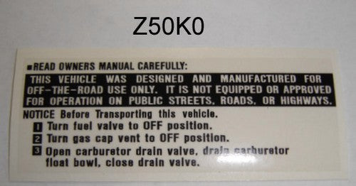 Decal Gas Tank Warning Honda Z50K0, K1, K2-hondanuts-Z50-CT70-QA50-SL70-XR75-parts-NOS-OEM-Honda