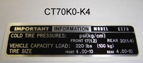 Decal Tire Pressure Specs Honda CT70K0-1979-hondanuts-Z50-CT70-QA50-SL70-XR75-parts-NOS-OEM-Honda