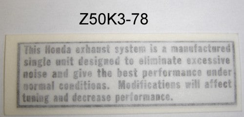Decal Muffler Warning Honda Z50K3-1978-hondanuts-Z50-CT70-QA50-SL70-XR75-parts-NOS-OEM-Honda