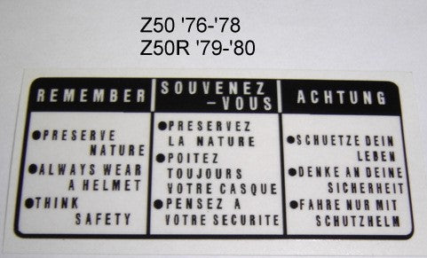 Decal Gas Tank Warning Honda Z50 '76-'78 Z50R '79-'87-hondanuts-Z50-CT70-QA50-SL70-XR75-parts-NOS-OEM-Honda