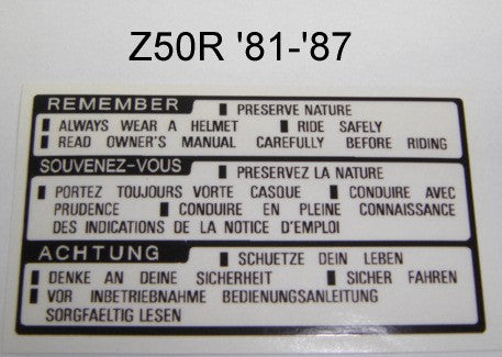 Decal Gas Tank Warning Honda Z50 '76-'78 Z50R '79-'87-hondanuts-Z50-CT70-QA50-SL70-XR75-parts-NOS-OEM-Honda
