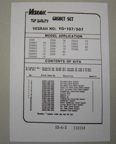 (02A) Gasket Kit Honda Z50 K0-78 Z50R 1979-81-hondanuts-Z50-CT70-QA50-SL70-XR75-parts-NOS-OEM-Honda