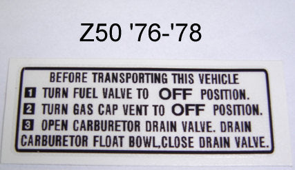 (14A) Decal Side Warning Honda Z50 '76-'78
