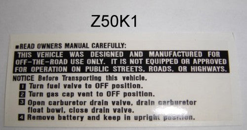 Decal Gas Tank Warning Honda Z50K0, K1, K2-hondanuts-Z50-CT70-QA50-SL70-XR75-parts-NOS-OEM-Honda