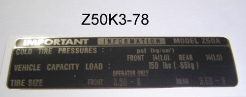 Decal Tire Pressure Specs Honda Z50K3-1978-hondanuts-Z50-CT70-QA50-SL70-XR75-parts-NOS-OEM-Honda