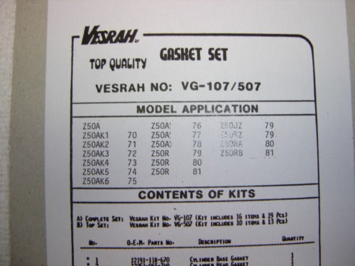 Top End Gasket Kit Honda Z50 K0-78 Z50R 1979-81-hondanuts-Z50-CT70-QA50-SL70-XR75-parts-NOS-OEM-Honda